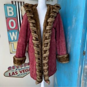 Dennis Basso Cranberry Suede Faux Fur Hooded Coat